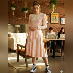 Vintage Sarah Taylor Blush Pink Lace Dress — 1980s Romantic Prairie.